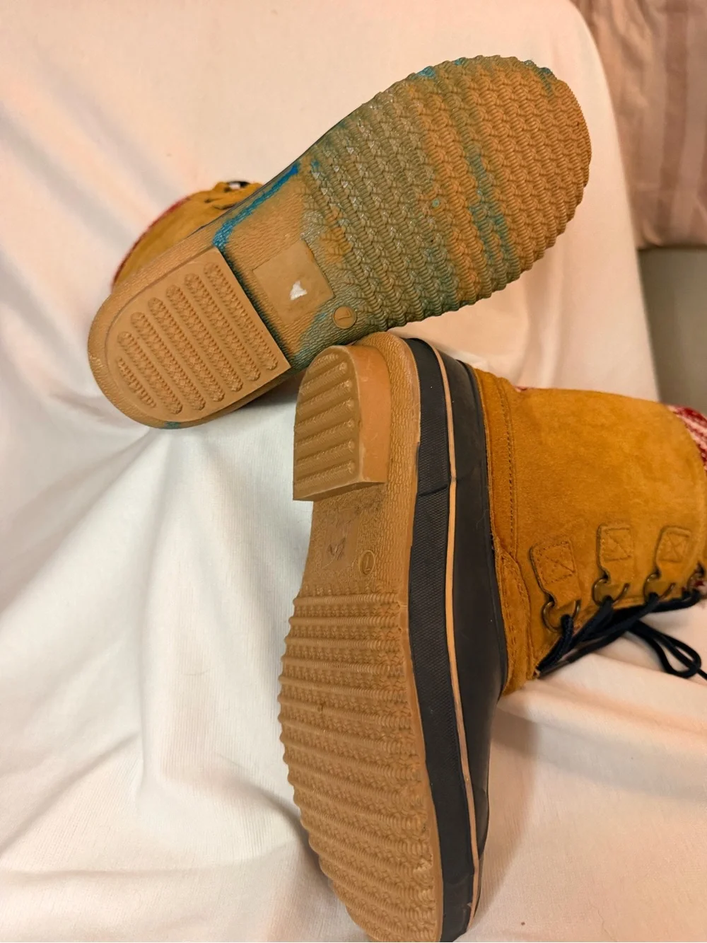 Women’s Mustard Suede Winter Lace-Up Boots with Patterned Knit Cuff